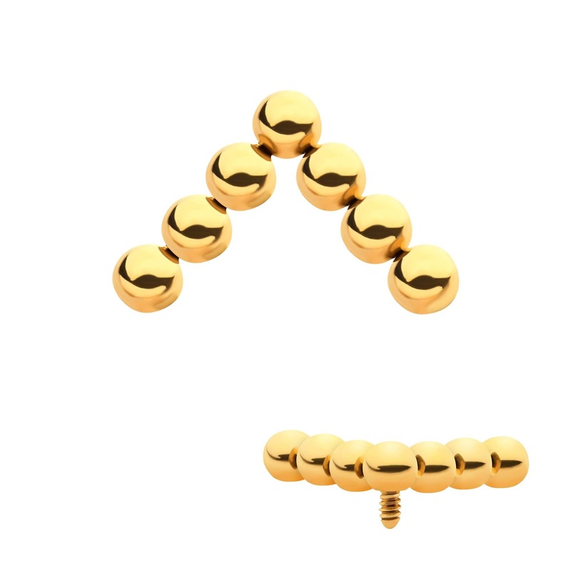 24Kt Gold PVD Titanium Internally Threaded 7-Bead Triangle Shape Cartilage Replacement Top – 1 Piece . Top: 9.8mm (L) x 6.45mm (W) x 2mm (H)