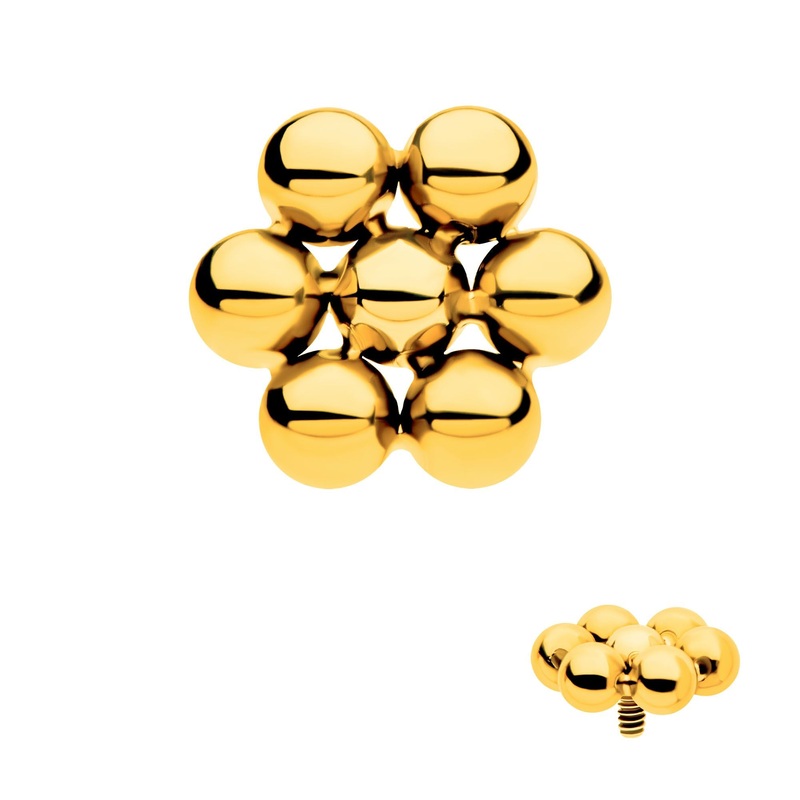 24Kt Gold PVD Titanium Internally Threaded 7 Beads Hexagon Shape Cartilage Replacement Top – 1 Piece . Ball-Size: Top: 6mm (L) x 5.6mm (W) x 2mm (H)