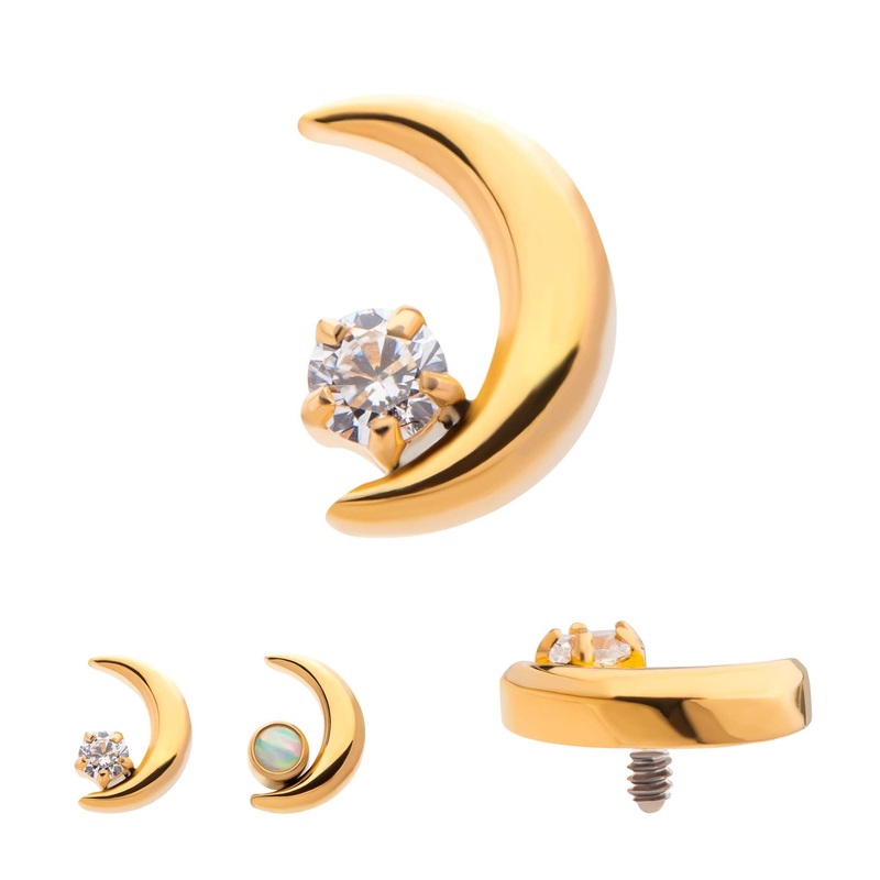 24Kt Gold PVD Titanium Internally Threaded Crescent Moon CZ/Opal Cartilage Replacement Top – 1 Piece . Top: 6mm (L) x 4mm (W) x 2mm (H) |1.8mm Gem Clear