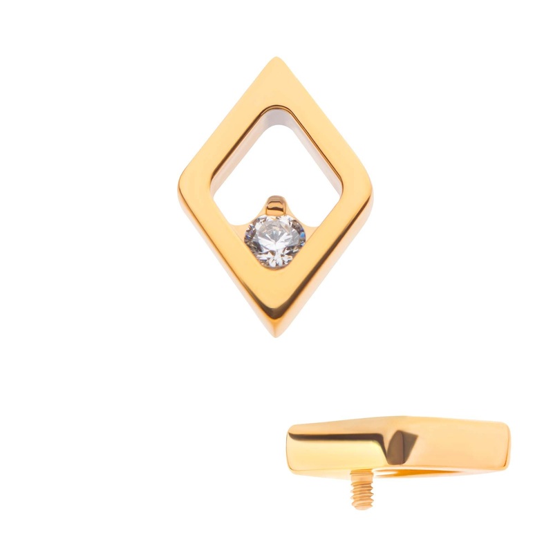 24Kt Gold PVD Titanium Internally Threaded Diamond Shape Clear CZ Cartilage Replacement Top – 1 Piece . Top: 9mm (L) x 6mm (W) x 2mm (H) |1.8mm Gem Clear
