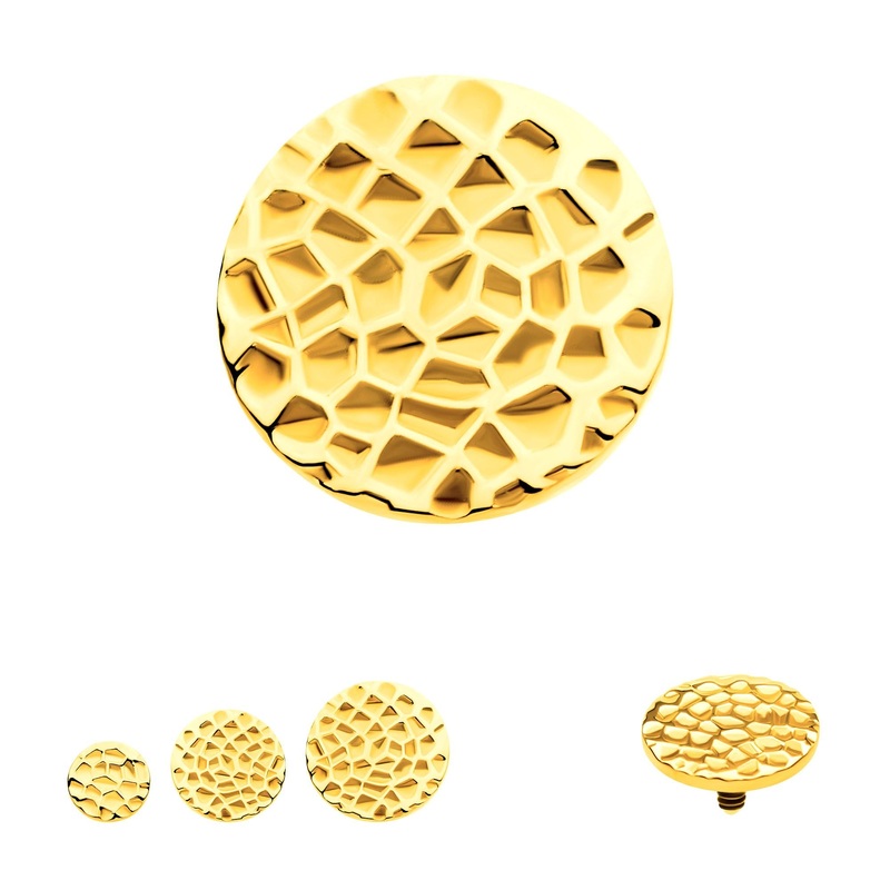 24Kt Gold PVD Titanium Internally Threaded Hammered Disk Cartilage Replacement Top – 1 Piece . Ball-Size: Top: 3mm (L) x 3mm (W) x 0.8mm (H)
