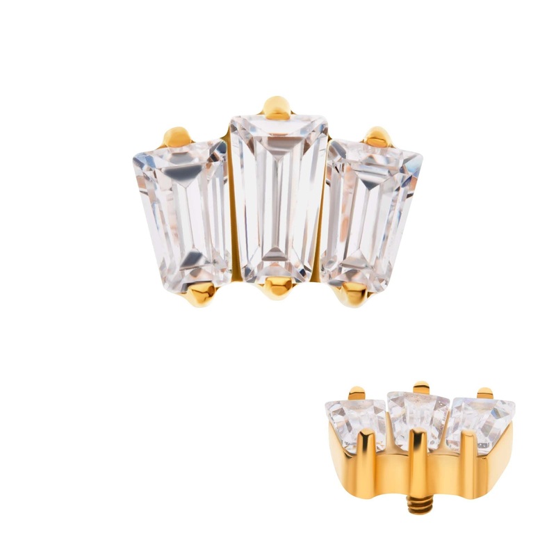 24Kt Gold PVD Titanium Internally Threaded Prong Set Baguette CZ 3-Cluster Cartilage Replacement Top – 1 Piece . Top: 6mm (L) x 4.4mm (W) x 2.4mm (H) Clear