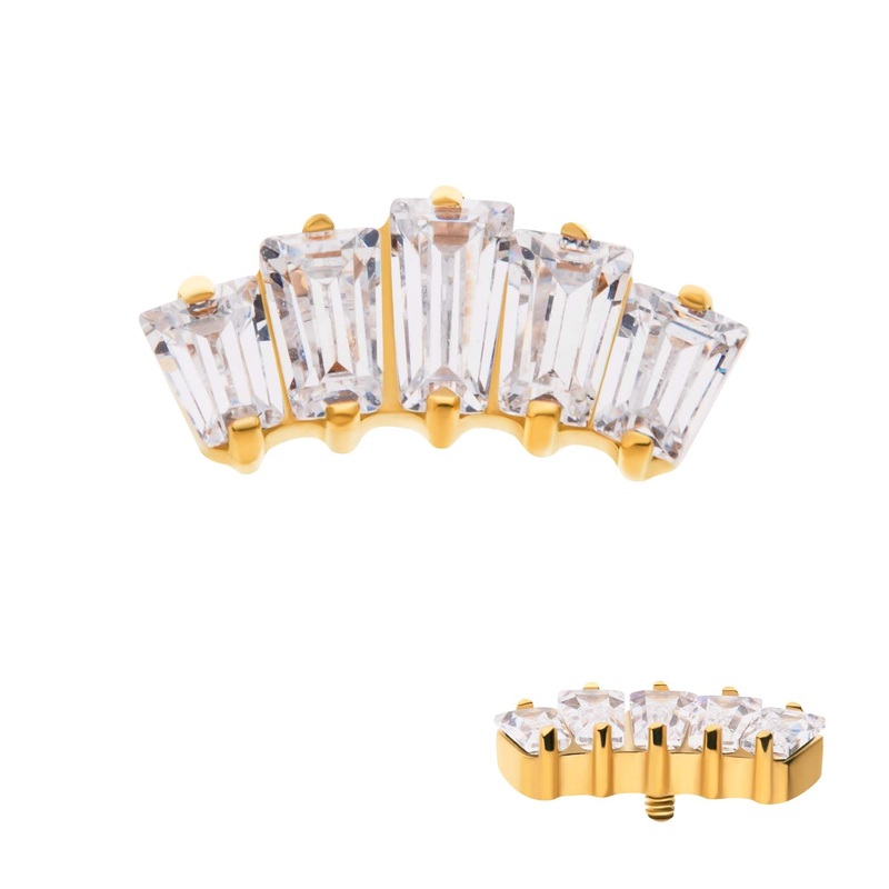 24Kt Gold PVD Titanium Internally Threaded Prong Set Baguette CZ 5-Cluster Cartilage Replacement Top – 1 Piece . Top: 10mm (L) x 5mm (W) x 2.3mm (H) Clear