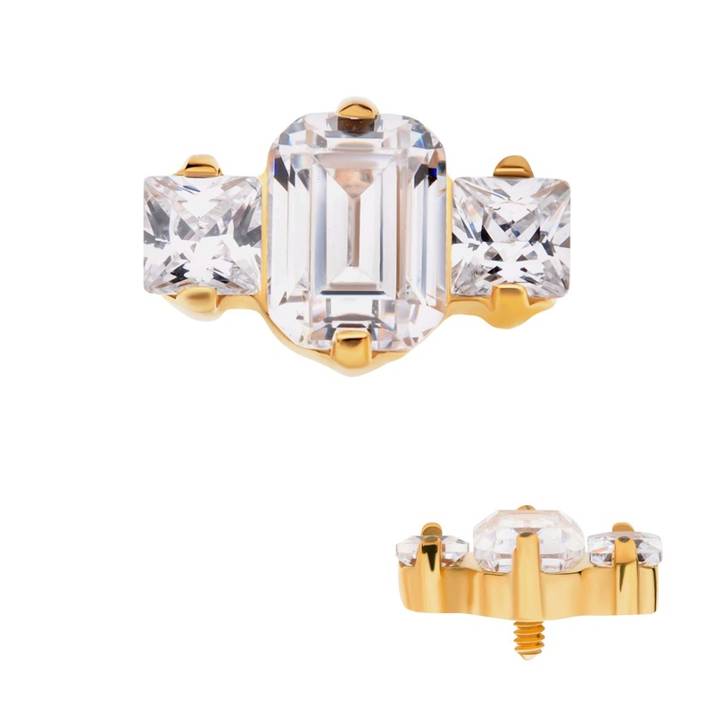 24Kt Gold PVD Titanium Internally Threaded Prong Set Emerald Cut Square CZ 3-Cluster Cartilage Replacement Top – 1 Piece . Top: 7.3mm (L) x 4.5mm (W) x 2.6mm (H) Clear