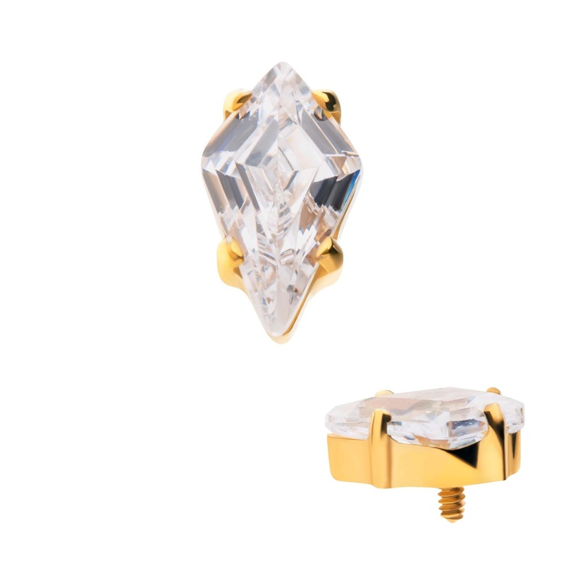 24Kt Gold PVD Titanium Internally Threaded Prong Set Kite Shaped CZ Cartilage Replacement Top – 1 Piece . Top: 6mm (L) x 3.5mm (W) x 3mm (H) Clear