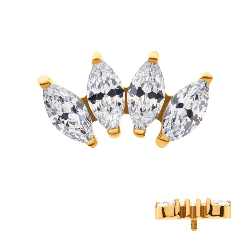24Kt Gold PVD Titanium Internally Threaded Prong Set Marquise CZ 4-Cluster Cartilage Replacement Top – 1 Piece . Ball-Size: Top: 9.3mm (L) x 5.1mm (W) x 2.2mm (H) |4pcs Gem Clear