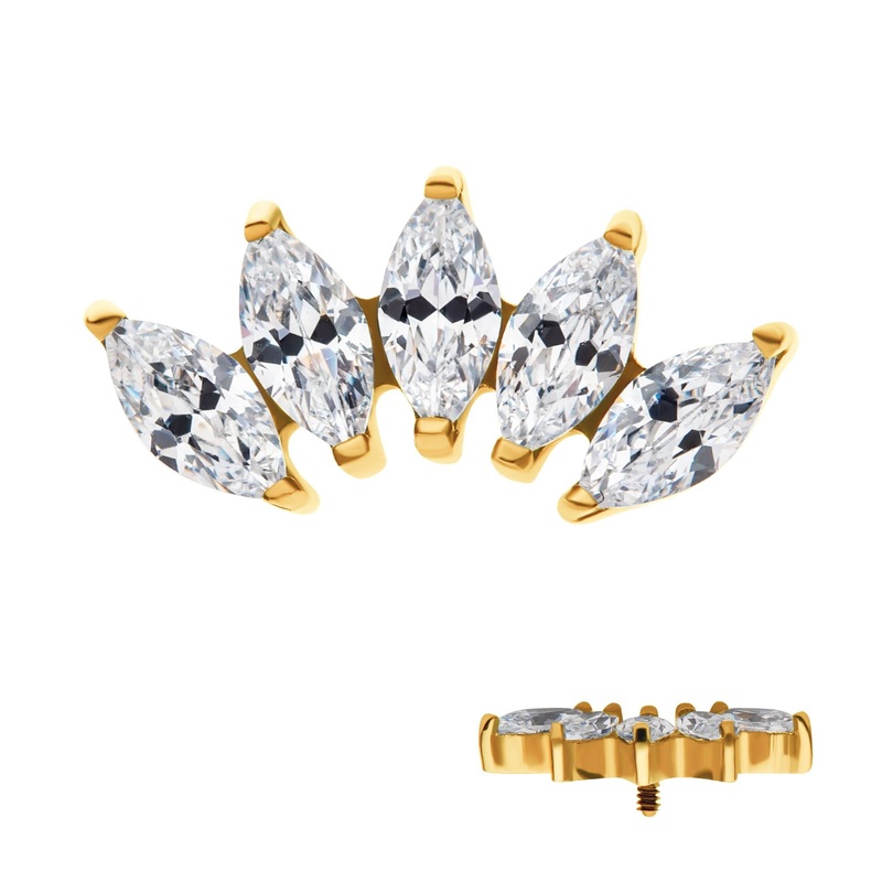 24Kt Gold PVD Titanium Internally Threaded Prong Set Marquise CZ 5-Cluster Cartilage Replacement Top – 1 Piece . Ball-Size: Top: 11.55mm (L) x 5.65mm (W) x 2.2mm (H) |5pcs Gem Clear