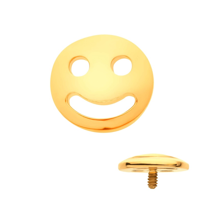 24Kt Gold PVD Titanium Internally Threaded Smiley Face Emoji Cartilage Replacement Top – 1 Piece . Ball-Size: Top: 5.8mm (L) x 5.55mm (W) x 1.5mm