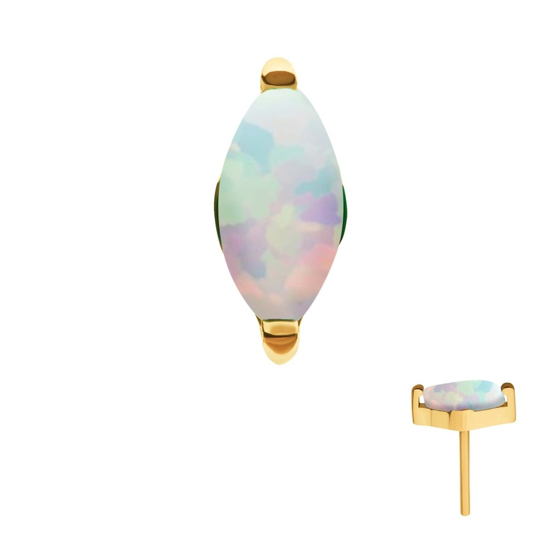 24Kt Gold PVD Titanium Threadless 2-Prong Marquise Opal Labret Cartilage Replacement Top – 1 Piece . Top: 5mm (L) x 2.35mm (W) x 2.25mm (H) White Opal