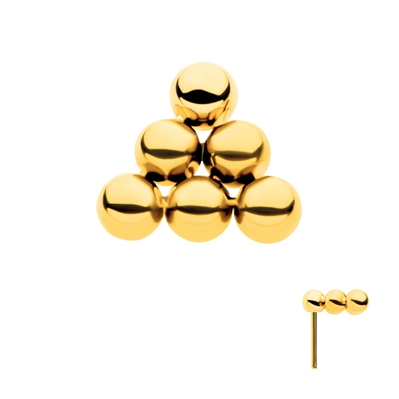 24Kt Gold PVD Titanium Threadless 6 Beads Pyramid Shape Labret Cartilage Replacement Top – 1 Piece . Top: 6mm (L) x 5.45mm (W) x 2mm (H)