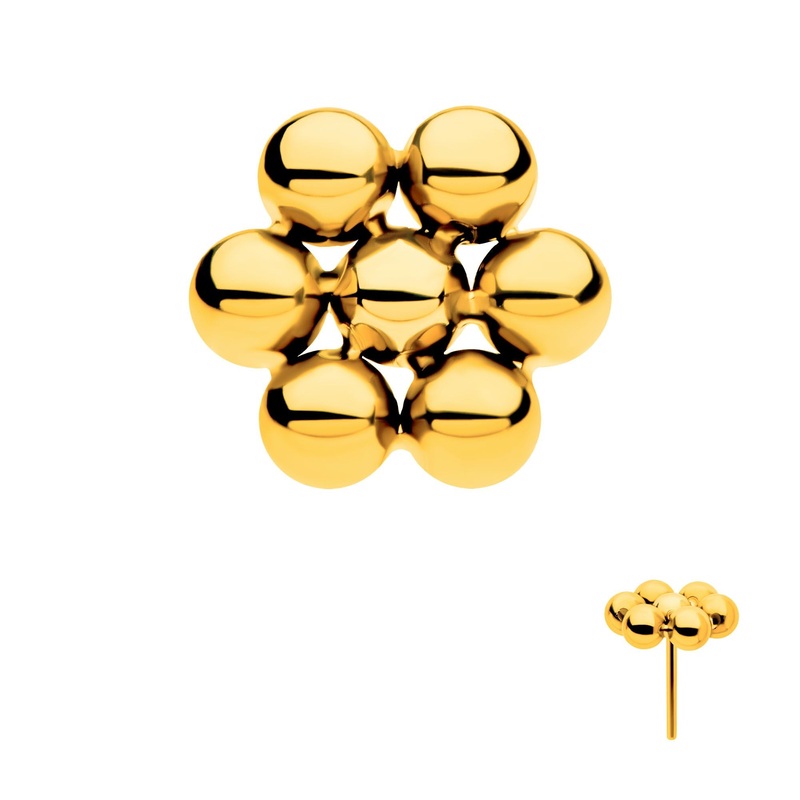 24Kt Gold PVD Titanium Threadless 7 Beads Hexagon Shape Labret Cartilage Replacement Top – 1 Piece . Top: 6mm (L) x 5.6mm (W) x 2mm (H)