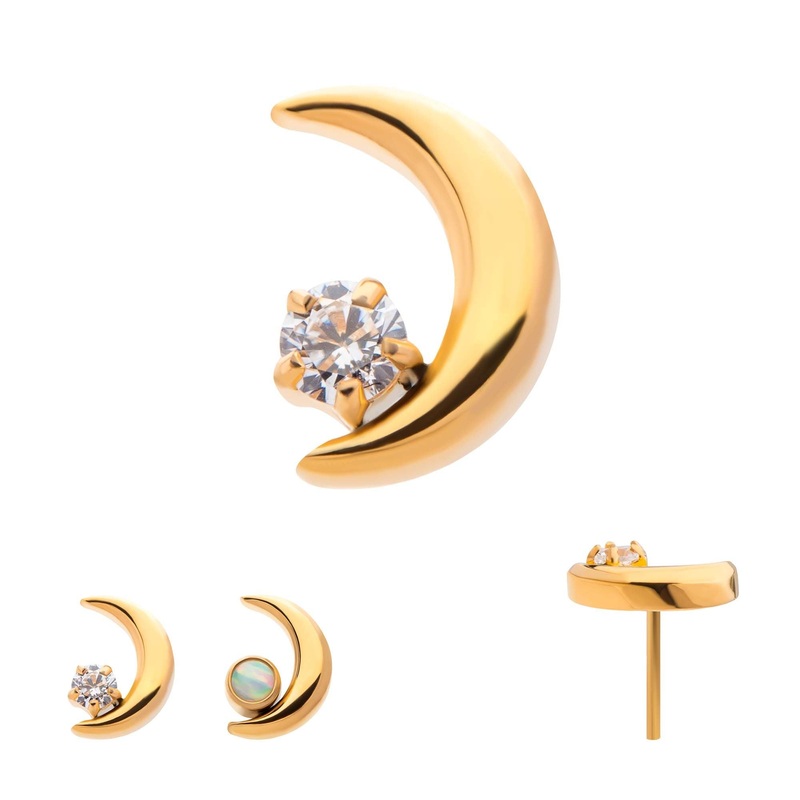 24Kt Gold PVD Titanium Threadless Crescent Moon CZ/Opal Labret Cartilage Replacement Top – 1 Piece . Top: 6mm (L) x 4mm (W) x 2mm (H) |1.8mm Gem Clear
