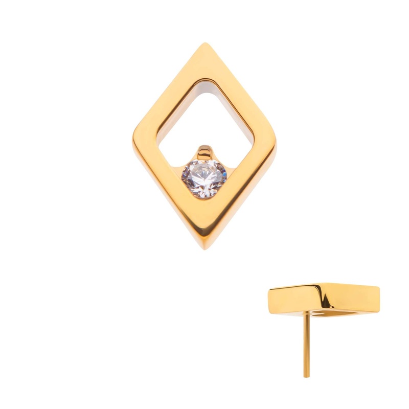 24Kt Gold PVD Titanium Threadless Diamond Shape Clear CZ Labret Cartilage Replacement Top – 1 Piece . Top: 9mm (L) x 6mm (W) x 2mm (H) |1.8mm Gem Clear