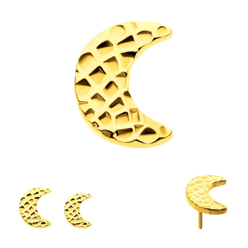 24Kt Gold PVD Titanium Threadless Hammered Crescent Moon Labret Cartilage Replacement Top – 1 Piece . Top: 5.25mm (L) x 4.35mm (W) x 0.9mm (H)