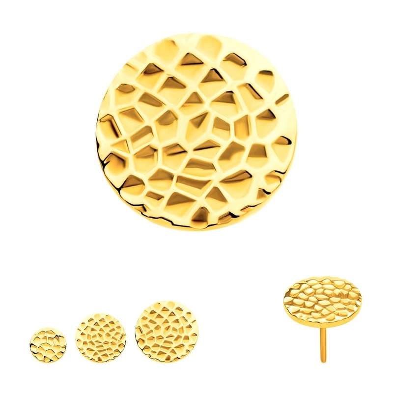 24Kt Gold PVD Titanium Threadless Hammered Disk Labret Cartilage Replacement Top – 1 Piece . Top: 3mm (L) x 3mm (W) x 0.8mm (H)