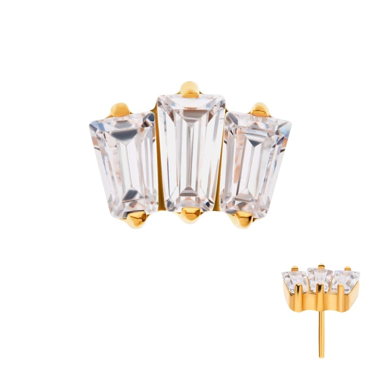 24Kt Gold PVD Titanium Threadless Prong Set Baguette CZ 3-Cluster Labret Cartilage Replacement Top – 1 Piece . Top: 6mm (L) x 4.4mm (W) x 2.4mm (H) Clear