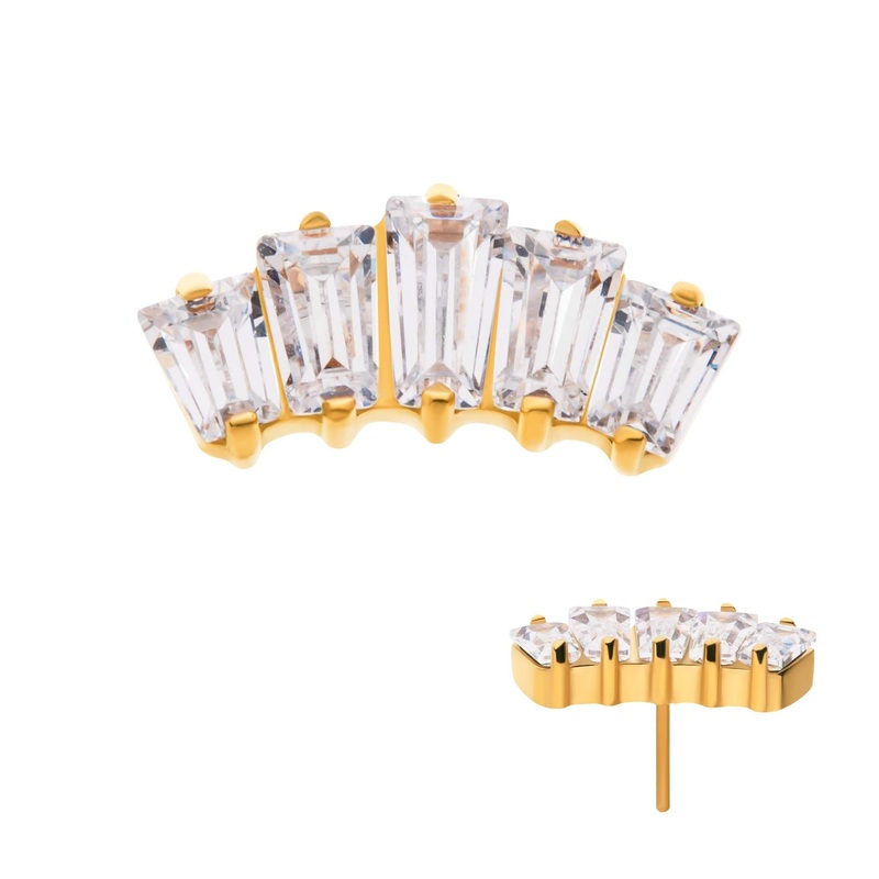 24Kt Gold PVD Titanium Threadless Prong Set Baguette CZ 5-Cluster Labret Cartilage Replacement Top – 1 Piece . Top: 10mm (L) x 5mm (W) x 2.3mm (H) Clear