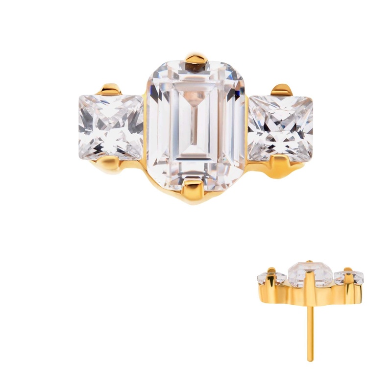 24Kt Gold PVD Titanium Threadless Prong Set Emerald Cut Square CZ 3-Cluster Labret Cartilage Replacement Top – 1 Piece . Top: 7.3mm (L) x 4.5mm (W) x 2.6mm (H) Clear