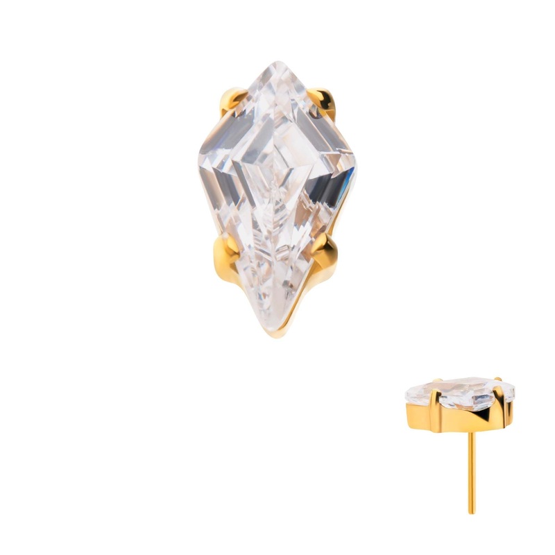24Kt Gold PVD Titanium Threadless Prong Set Kite Shaped CZ Labret Cartilage Replacement Top – 1 Piece . Top: 6mm (L) x 3.5mm (W) x 3mm (H) Clear