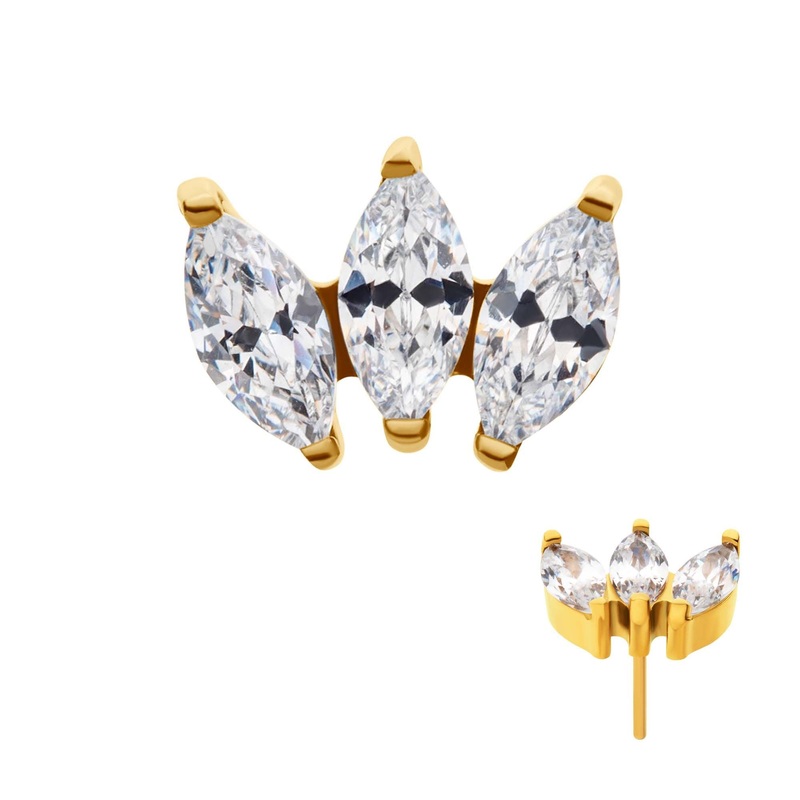24Kt Gold PVD Titanium Threadless Prong Set Marquise CZ 3-Cluster Labret Cartilage Replacement Top – 1 Piece . Top: 6.55mm (L) x 5mm (W) x 2.2mm (H) |3pcs Gem Clear