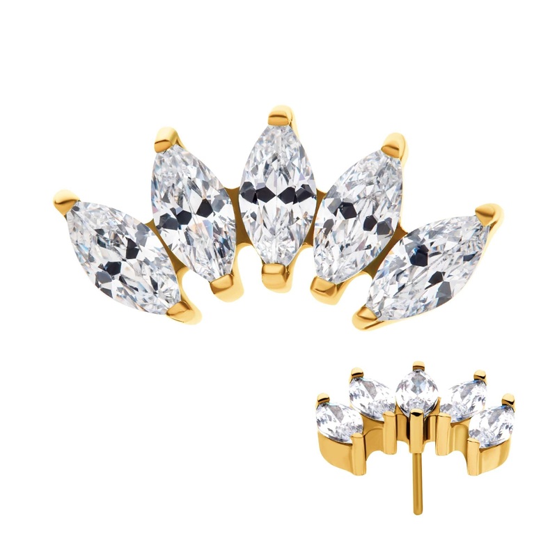 24Kt Gold PVD Titanium Threadless Prong Set Marquise CZ 5-Cluster Labret Cartilage Replacement Top – 1 Piece . Top: 11.55mm (L) x 5.65mm (W) x 2.2mm (H) |5pcs Gem Clear