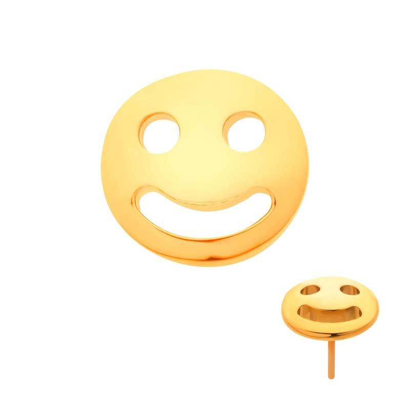 24Kt Gold PVD Titanium Threadless Smiley Face Emoji Labret Cartilage Replacement Top – 1 Piece . Top: 5.8mm (L) x 5.55mm (W) x 1.5mm (H)