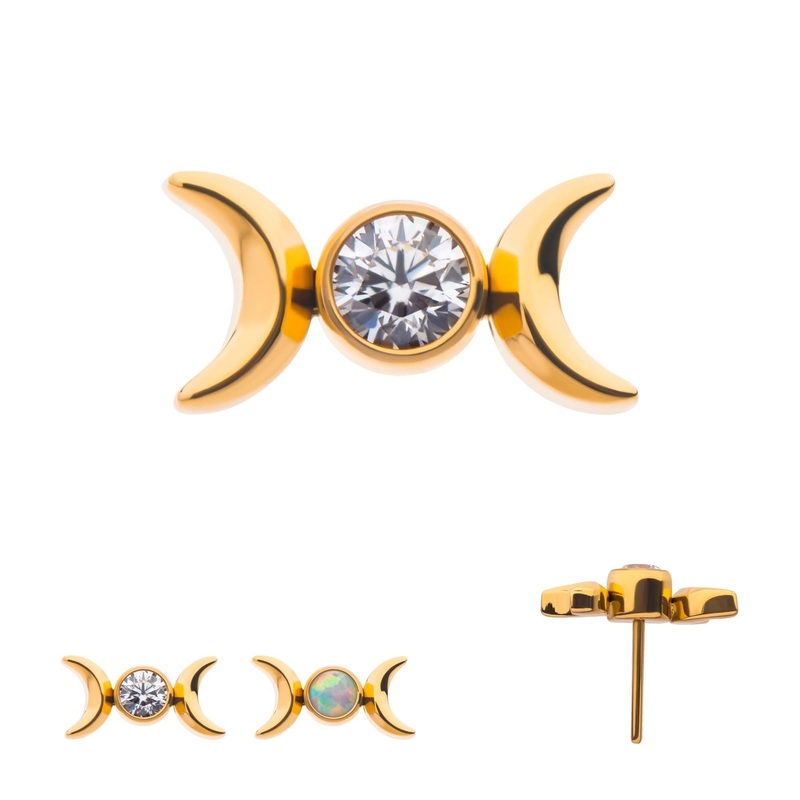 24Kt Gold PVD Titanium Threadless Triple Moon Phase CZ/Opal Labret Cartilage Replacement Top – 1 Piece . Top: 6.7mm (L) x 3.6mm (W) x 2.2mm (H) |2mm Gem Clear