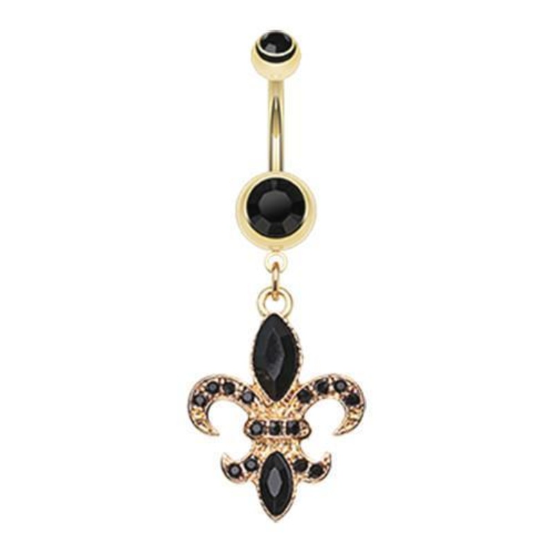 Black Golden Fleur de Lis Dangle Belly Ring 14G (1.6mm) Length: 3/8″ (10mm)
