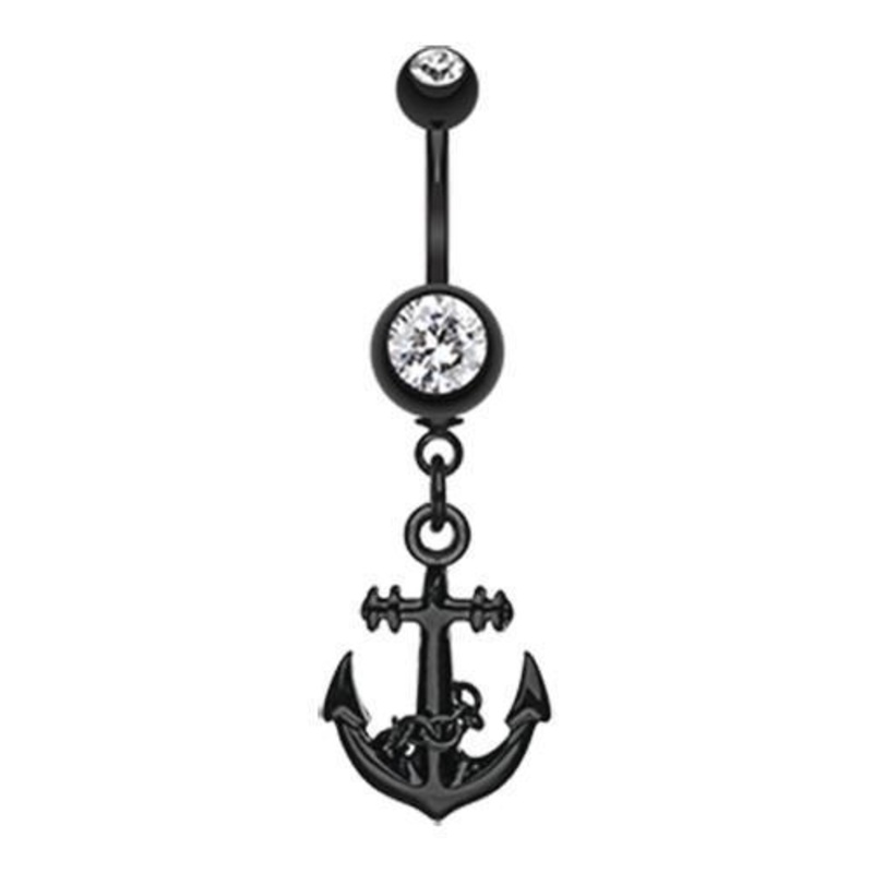 Clear Black Classic Anchor Dangle Belly Ring 14G (1.6mm) Length: 3/8″ (10mm)