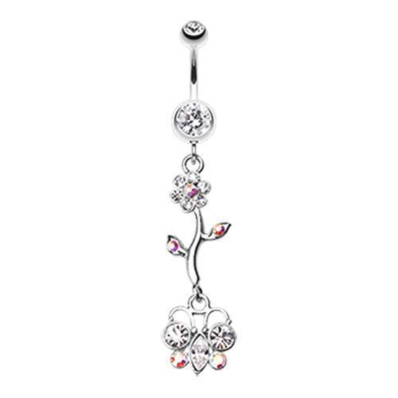 Clear Butterfly Flower Blossom Dangle Belly Ring 14G (1.6mm) Length: 3/8″ (10mm)