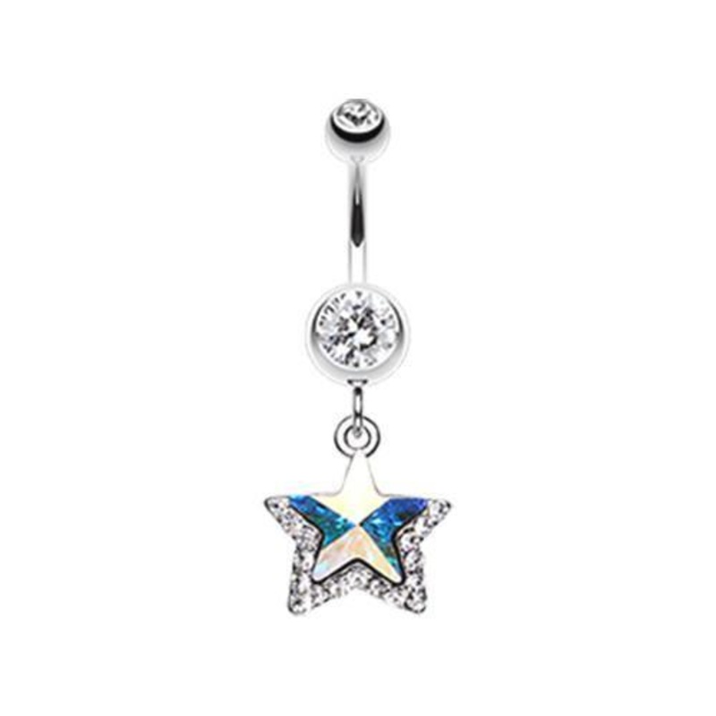 Clear Crystal Star Prism Dangle Belly Ring 14G (1.6mm) Length: 3/8″ (10mm)