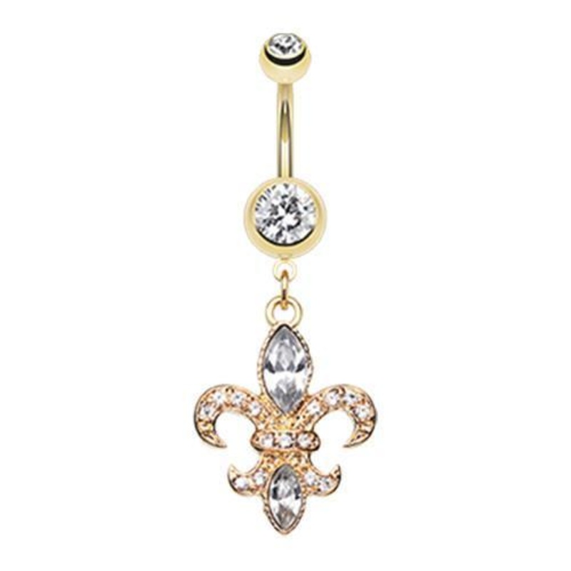 Clear Golden Fleur de Lis Dangle Belly Ring 14G (1.6mm) Length: 3/8″ (10mm)