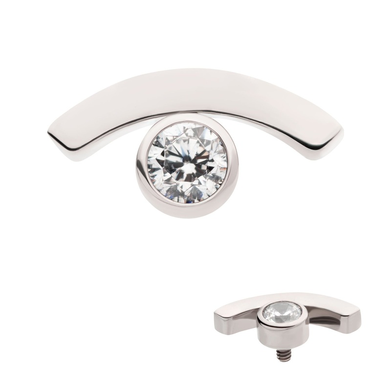 Titanium Internally Threaded Bezel Set CZ in a Curve Line Cartilage Replacement Top – 1 Piece . Ball-Size: Top: 8.5mm (L) x 4.5mm (W) x 2.2mm (H) |Gem: 2.5mm Clear