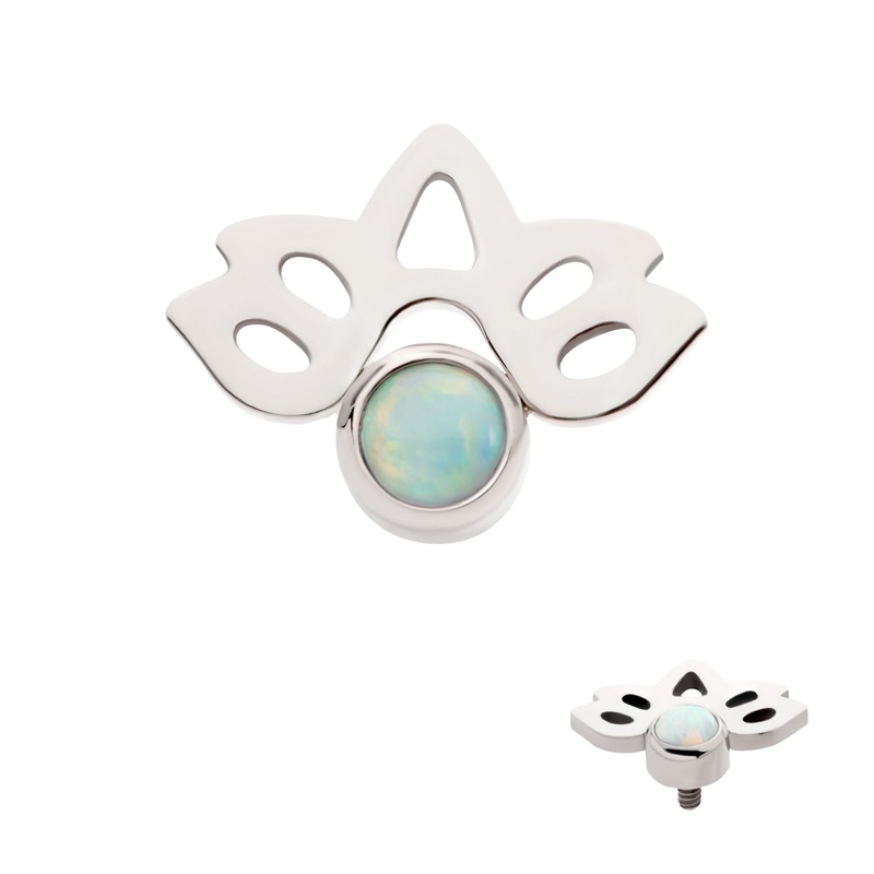 Titanium Internally Threaded Bezel Set Opal Lotus Flower Cartilage Replacement Top – 1 Piece . Ball-Size: Top: 8.45mm (L) x 6.55mm (W) x 2.6mm (H) |Gem: 2.5mm White Opal