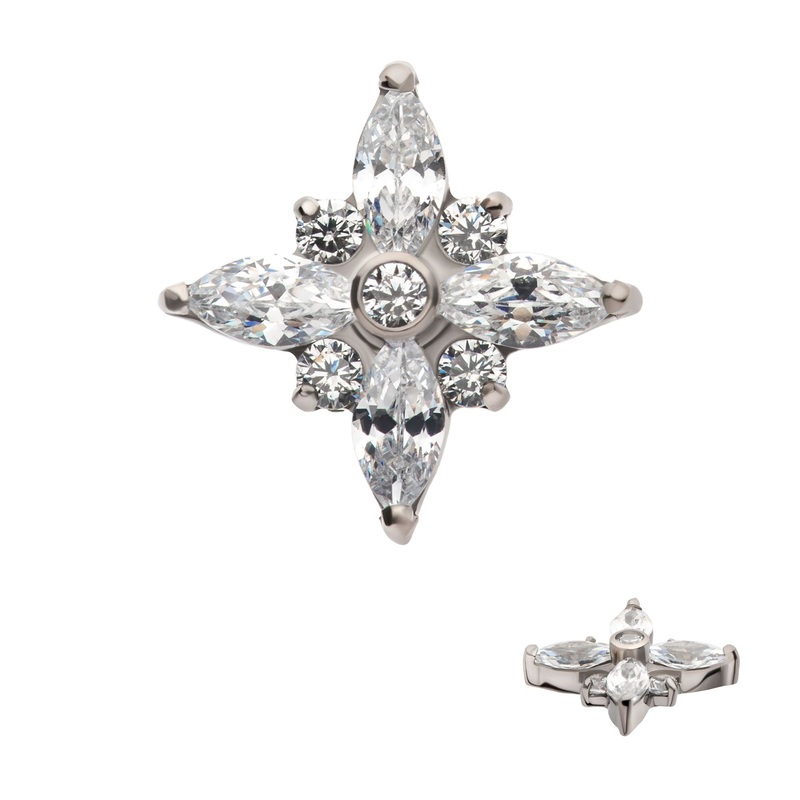 Titanium Internally Threaded Clustered Round Marquise CZ Cross Shape Cartilage Replacement Top – 1 Piece . Ball-Size: Top: 7.5mm (L) x 7.5mm (W) x 2.7mm (H) |9pcs Gem Clear