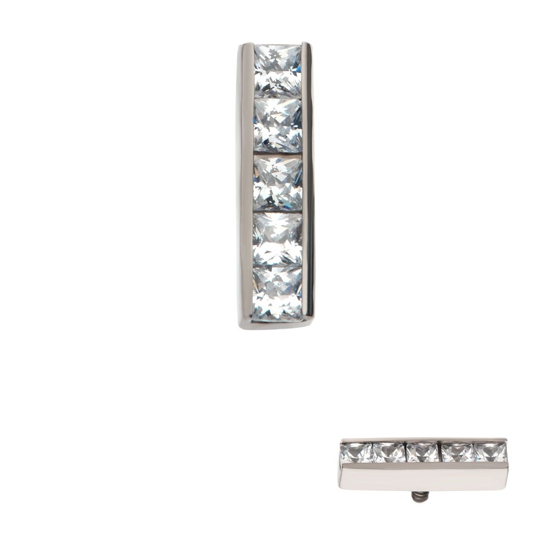 Titanium Internally Threaded CNC Set Clear CZ 5-Cluster Bar Cartilage Replacement Top – 1 Piece . Ball-Size: Top: 8.25mm (L) x 2.3mm (W) x 1.8mm (H) |Gem: 1.5mm (5pcs) Clear