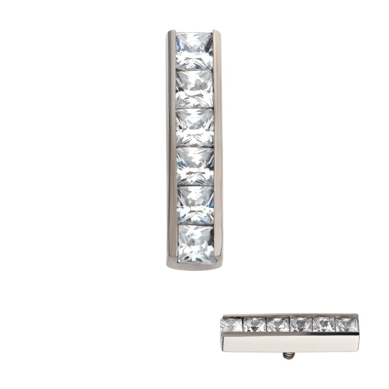 Titanium Internally Threaded CNC Set Clear CZ 6-Cluster Bar Cartilage Replacement Top – 1 Piece . Ball-Size: Top: 10mm (L) x 2.3mm (W) x 1.8mm (H) |Gem: 1.5mm (6pcs) Clear
