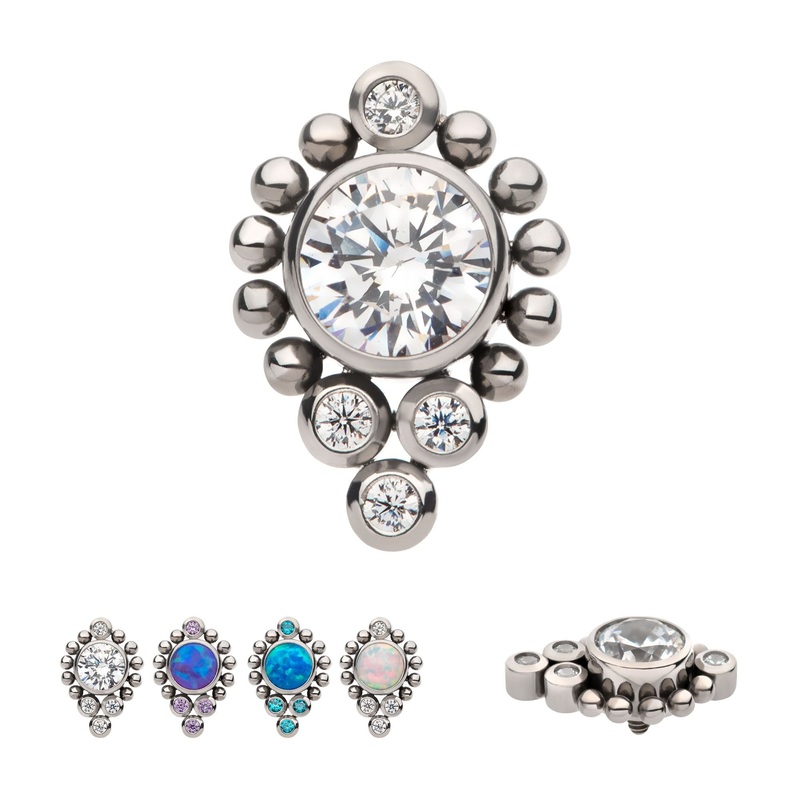Titanium Internally Threaded CZ/Opal Beaded Cluster Cartilage Replacement Top – 1 Piece . Ball-Size: Top: 8.4mm (L) x 6mm (W) x 2.65mm (H) Clear