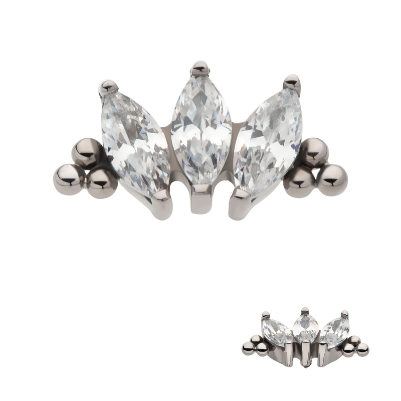 Titanium Internally Threaded Marquise CZ 3-Cluster Cartilage Replacement Top – 1 Piece . Ball-Size: Top: 9.6mm (L) x 5mm (W) x 2.3mm (H) |3pcs Gem Clear