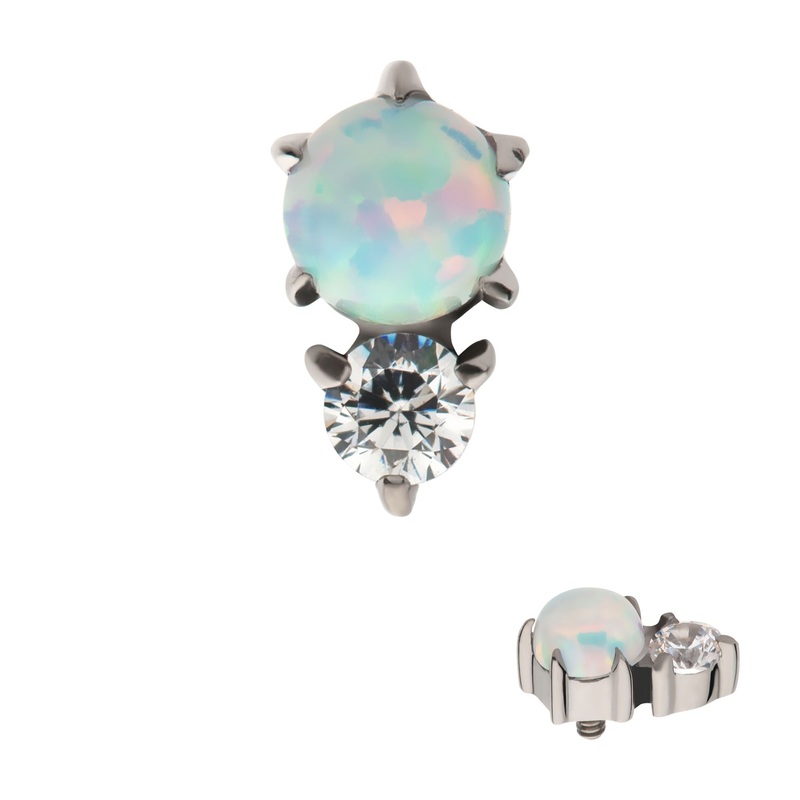 Titanium Internally Threaded Round White Opal Heart Clear CZ Cartilage Replacement Top – 1 Piece . Ball-Size: Top: 6mm (L) x 3.5mm (W) x 2.8mm (H) Clear|White Opal