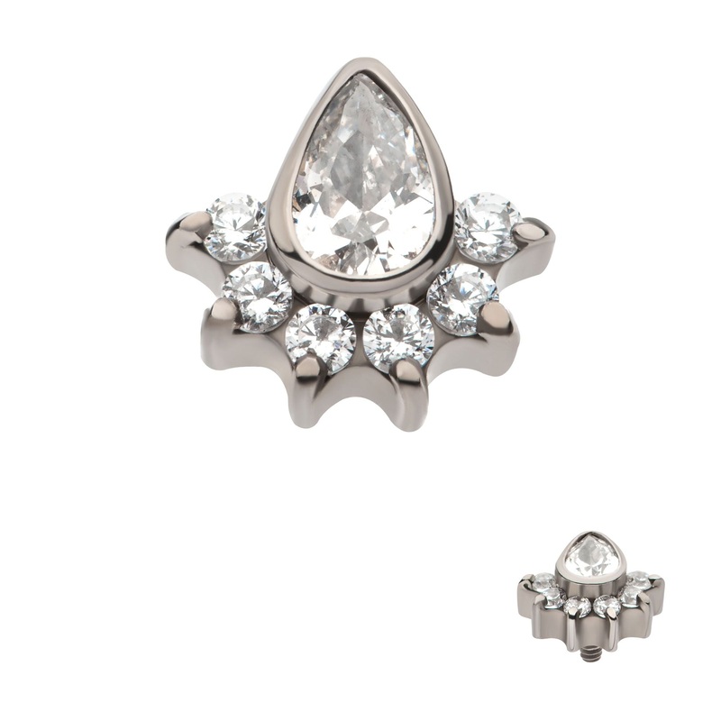 Titanium Internally Threaded Teardrop CZ Center Round CZ 6-Cluster Cartilage Replacement Top – 1 Piece . Ball-Size: Top: 5.4mm (L) x 4.9mm (W) x 2.5mm (H) |7pcs Gem Clear