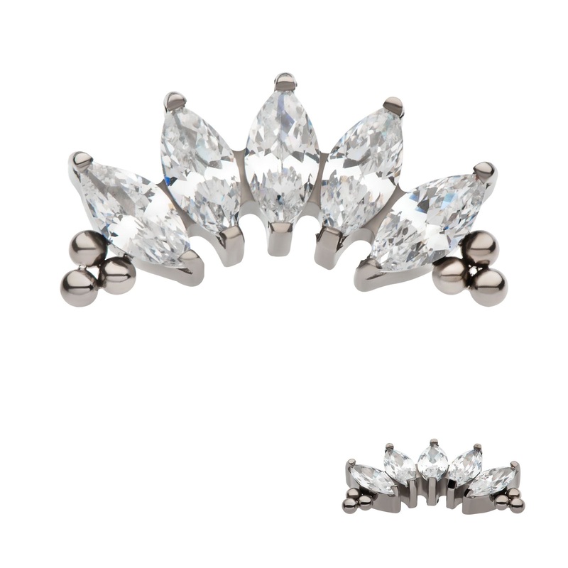 Titanium Internally Threaded Tri Beads Marquise CZ 5-Cluster Cartilage Replacement Top – 1 Piece . Ball-Size: Top: 12mm (L) x 6.3mm (W) x 2.3mm (H) |5pcs Gem Clear