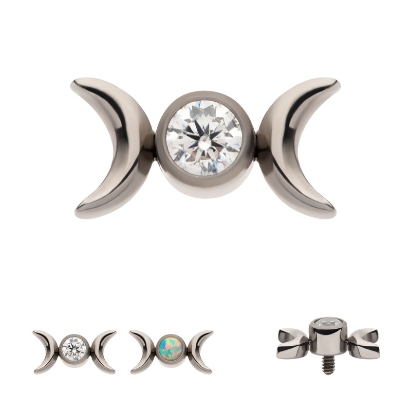 Titanium Internally Threaded Triple Moon Phase CZ/Opal Cartilage Replacement Top – 1 Piece . Ball-Size: Top: 6.7mm (L) x 3.6mm (W) x 2.2mm (H) |Gem: 2mm (1pcs) Clear