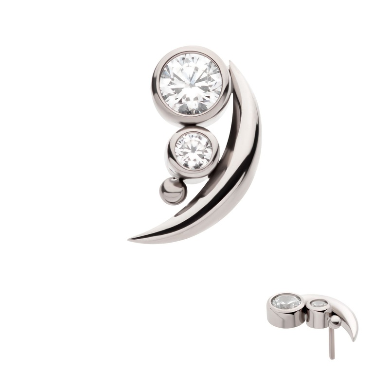 Titanium Threadless Bezel Set CZ Bead Labret Crescent Moon Cartilage Replacement Top – 1 Piece . Top: 7.55mm (L) x 4.3mm (W) x 2mm (H) |2pcs Gem Clear
