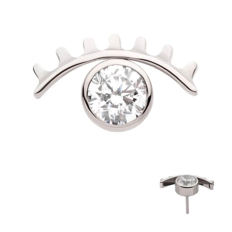 Titanium Threadless Bezel Set CZ Cut Out Evil Eye Labret Cartilage Replacement Top – 1 Piece . Top: 8mm (L) x 4.9mm (W) x 2.5mm (H) |Gem: 3mm Clear
