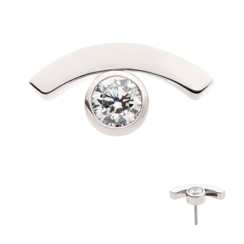 Titanium Threadless Bezel Set CZ in a Curve Line Labret Cartilage Replacement Top – 1 Piece . Top: 8.5mm (L) x 4.5mm (W) x 2.2mm (H) |Gem: 2.5mm Clear