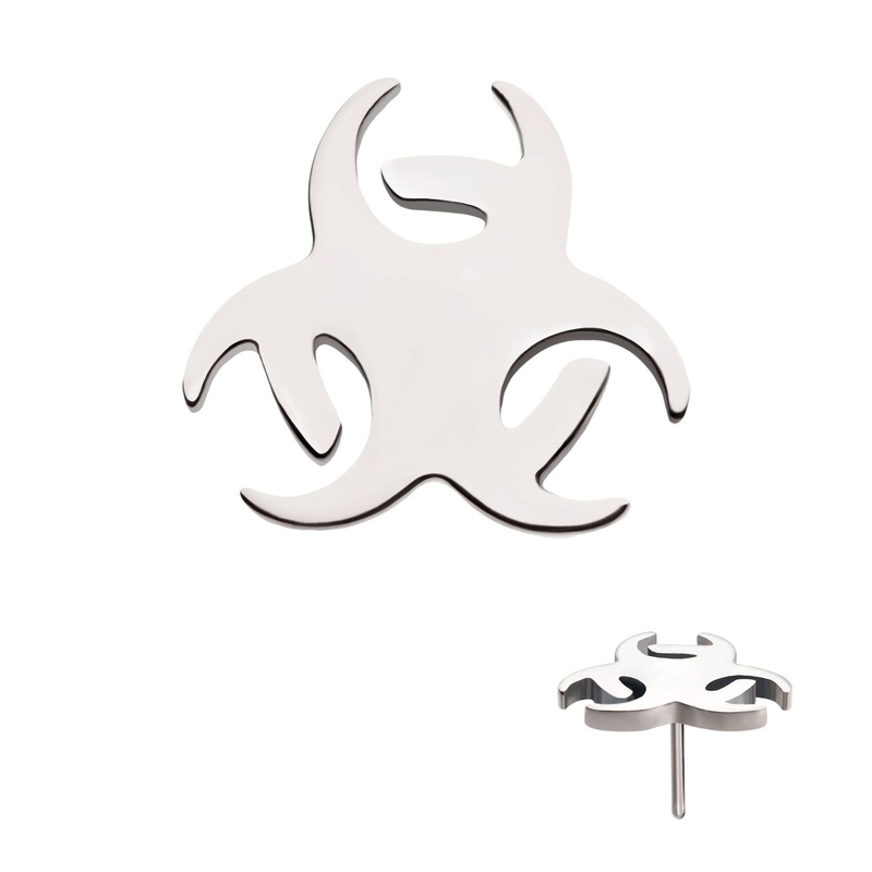 Titanium Threadless Biohazard Labret Cartilage Replacement Top – 1 Piece . Top: 7.15mm (L) x 7.15mm (W) x 0.88mm (H)