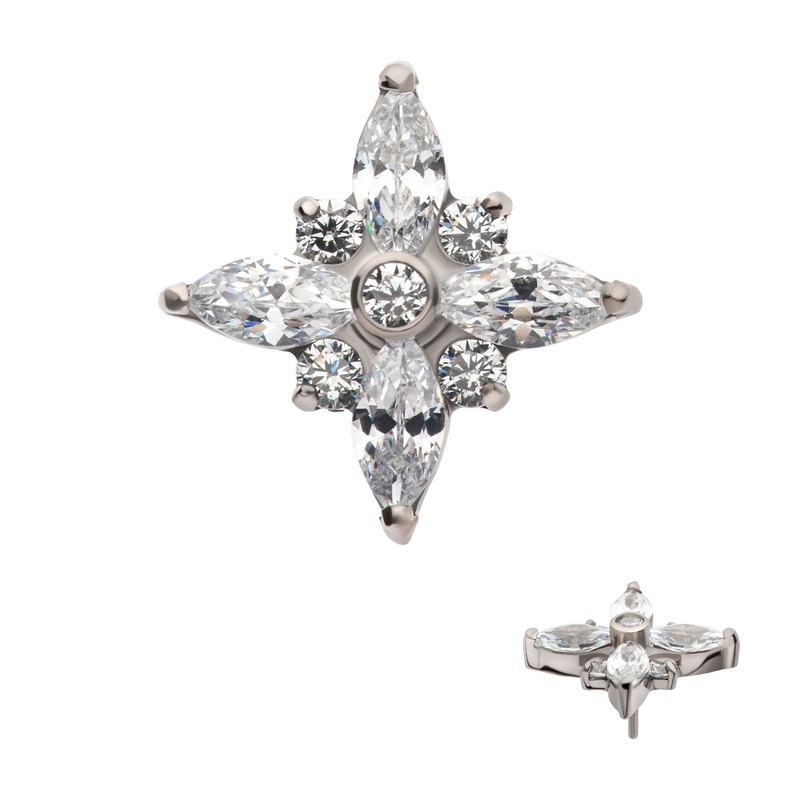 Titanium Threadless Clustered Round Marquise CZ Cross Shape Labret Cartilage Replacement Top – 1 Piece . Top: 7.5mm (L) x 7.5mm (W) x 2.7mm (H) |9pcs Gem Clear