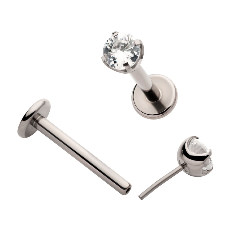 Titanium Threadless Labret Prong Set CZ Labret Cartilage Replacement Top – 1 Piece 16G (1.2mm) Length/Inner Diameter: 3/8″ (10mm) | Ball-Size: Base: 4mm|Gem: 2.5mm Clear