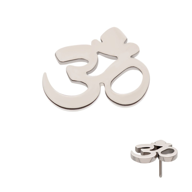 Titanium Threadless OM Symbol Labret Cartilage Replacement Top – 1 Piece . Top: 7mm (L) x 5.4mm (W) x 0.9mm (H)